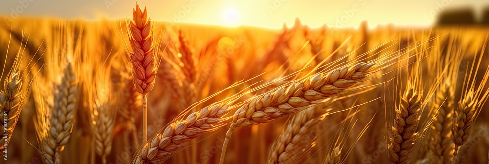 Wheat field. Ripening ears of wheat field. Rich harvest Concept. Ears of golden wheat. Rural Scenery