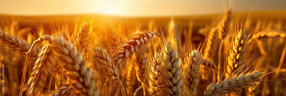 Wheat field. Ripening ears of wheat field. Rich harvest Concept. Ears of golden wheat. Rural Scenery