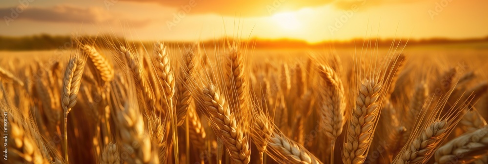 Wheat field. Ripening ears of wheat field. Rich harvest Concept. Ears of golden wheat. Rural Scenery