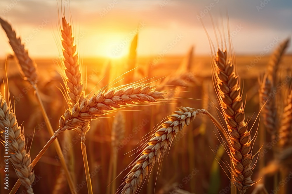 Wheat field. Ripening ears of wheat field. Rich harvest Concept. Ears of golden wheat. Rural Scenery