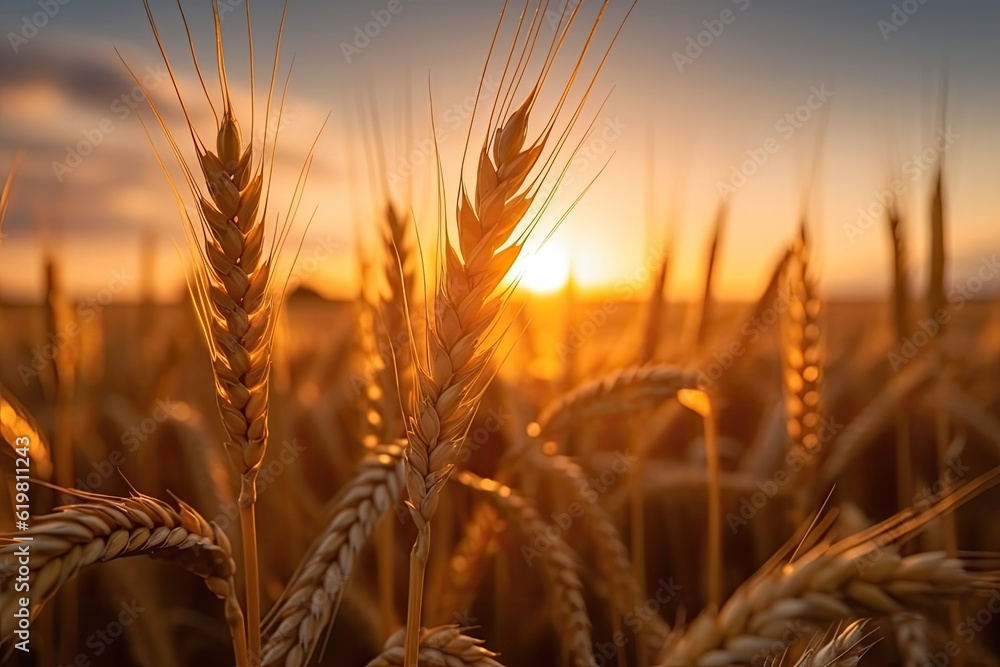 Wheat field. Ripening ears of wheat field. Rich harvest Concept. Ears of golden wheat. Rural Scenery