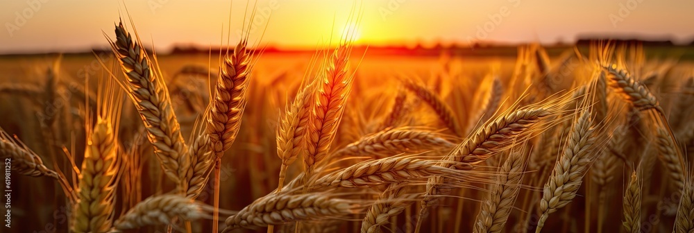 Wheat field. Ripening ears of wheat field. Rich harvest Concept. Ears of golden wheat. Rural Scenery