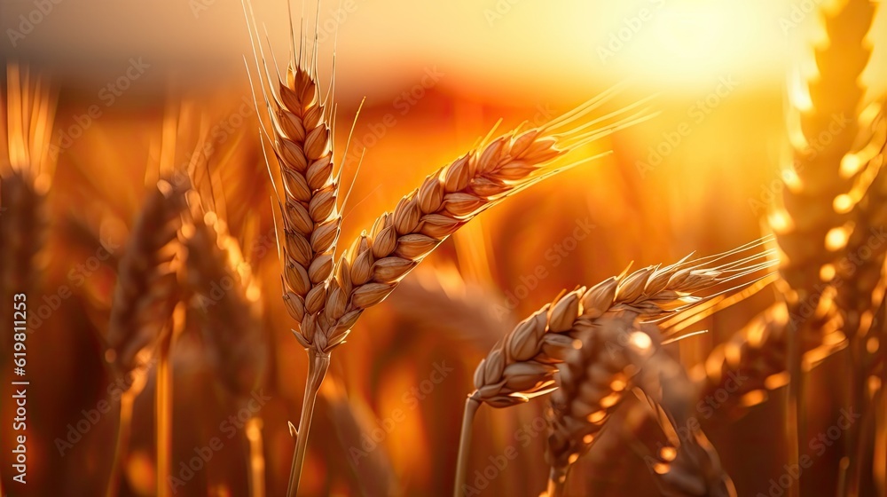 Wheat field. Ripening ears of wheat field. Rich harvest Concept. Ears of golden wheat. Rural Scenery