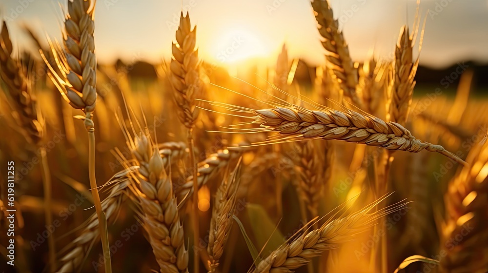 Wheat field. Ripening ears of wheat field. Rich harvest Concept. Ears of golden wheat. Rural Scenery