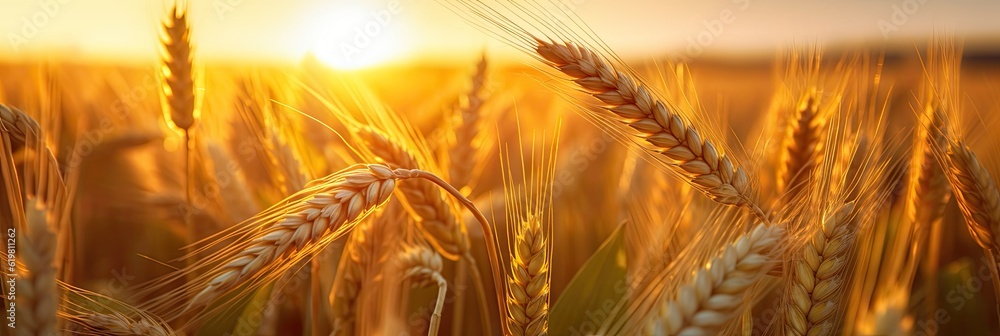 Wheat field. Ripening ears of wheat field. Rich harvest Concept. Ears of golden wheat. Rural Scenery