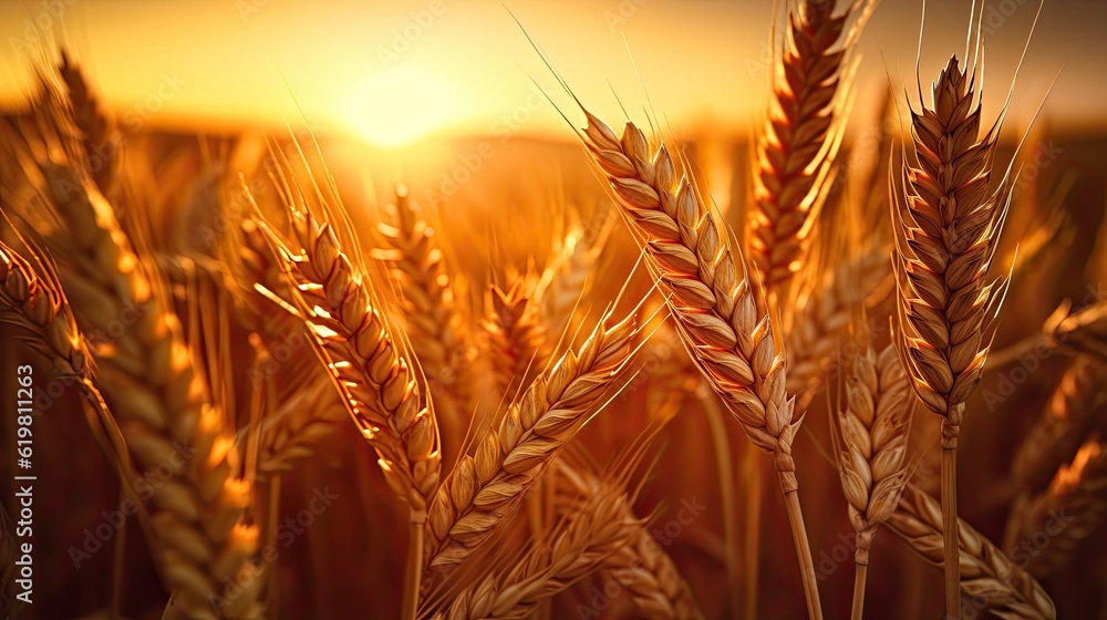 Wheat field. Ripening ears of wheat field. Rich harvest Concept. Ears of golden wheat. Rural Scenery