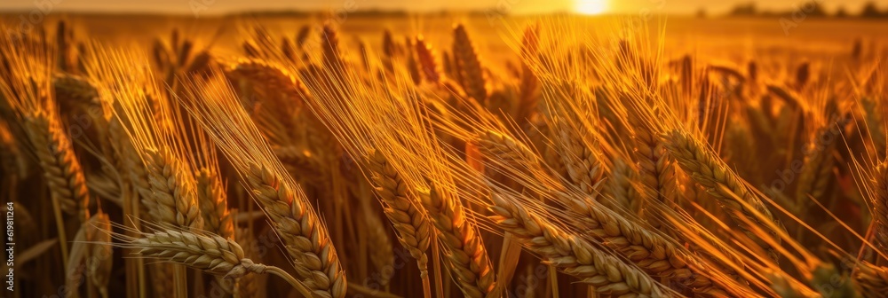 Wheat field. Ripening ears of wheat field. Rich harvest Concept. Ears of golden wheat. Rural Scenery