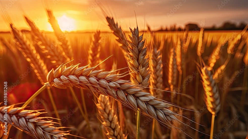 Wheat field. Ripening ears of wheat field. Rich harvest Concept. Ears of golden wheat. Rural Scenery