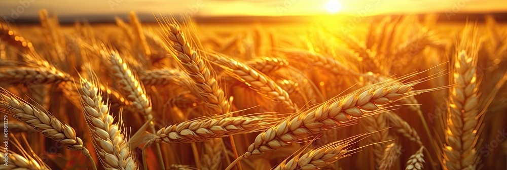 Wheat field. Ripening ears of wheat field. Rich harvest Concept. Ears of golden wheat. Rural Scenery