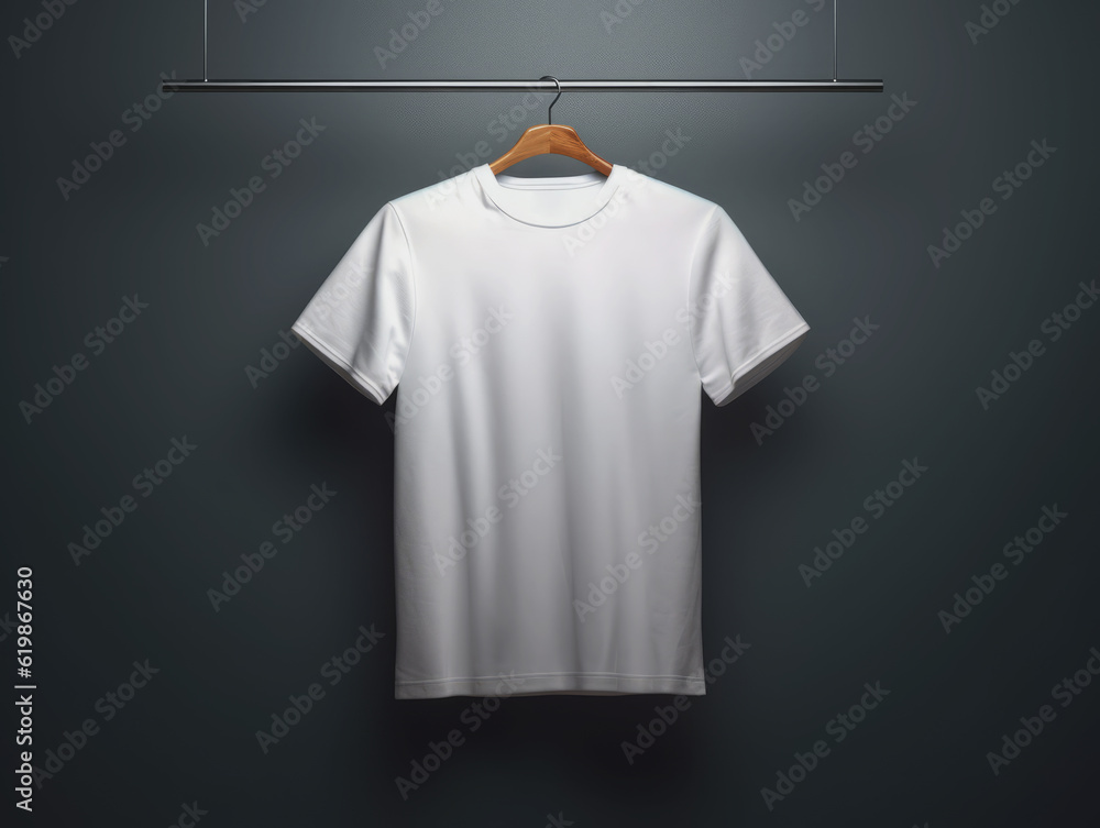 White blank t-shirt hanging on a coat hanger against a grey concrete wall background, mockup. Genera