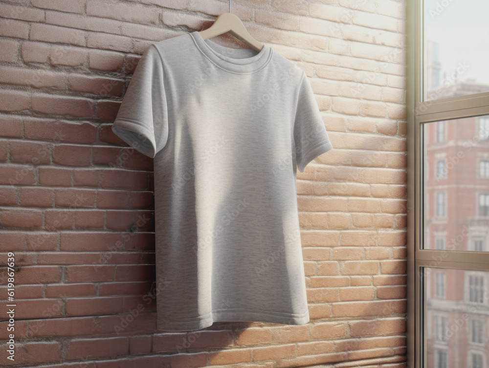 Grey blank t-shirt hanging on a coat hanger against a brick wall background, mockup. Generative AI