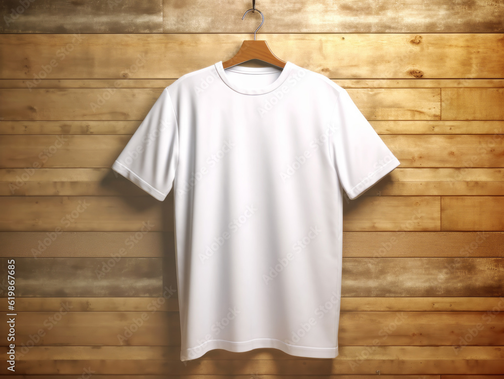 White blank t-shirt hanging on a coat hanger against a wooden wall background, mockup. Generative AI