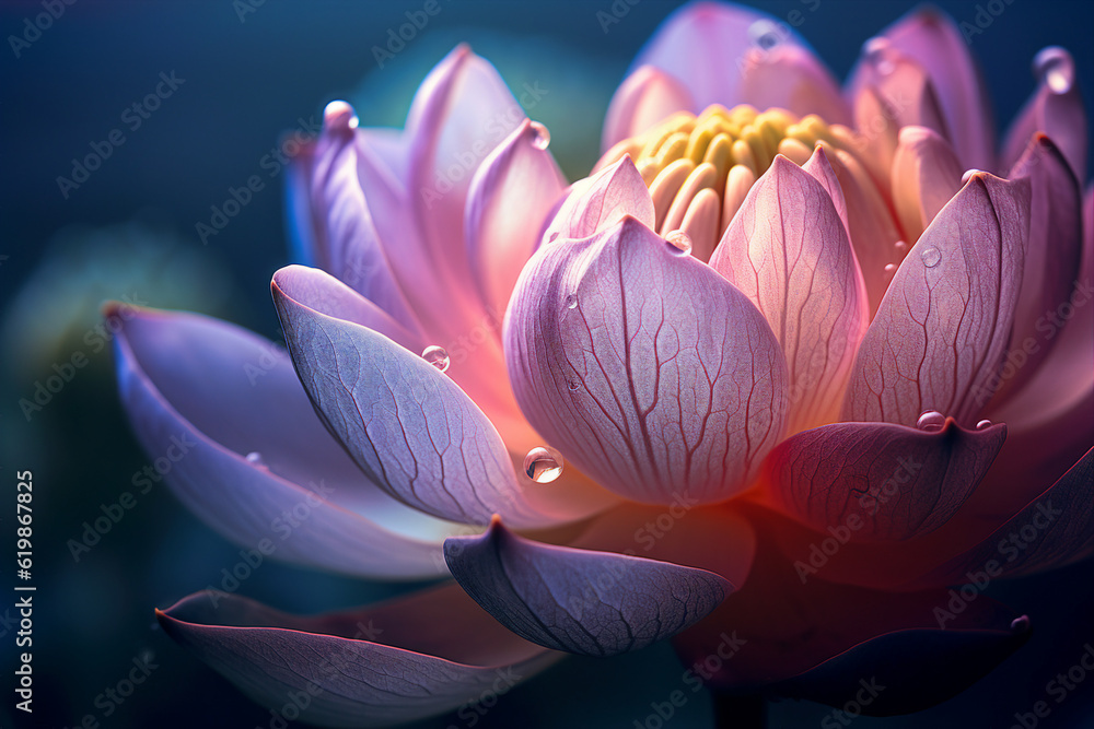 Generative ai picture image collage of close up water lily flower with glowing petals in evening nig