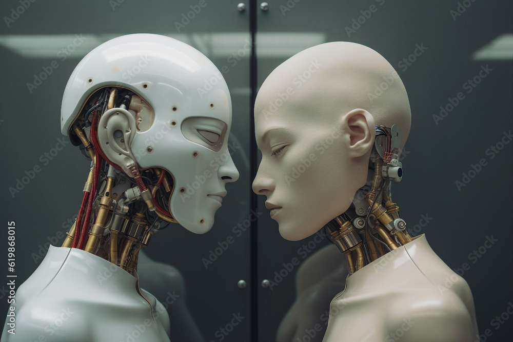 Two humanoid robots with open wires mechanism on their bodies neck head have human real feelings gen