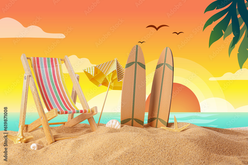 Small surfboards, sun lounger and umbrella on drawn sea beach