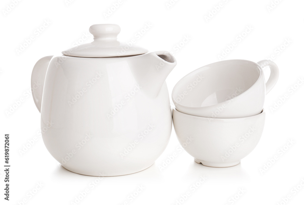 Ceramic teapot with cups on white background