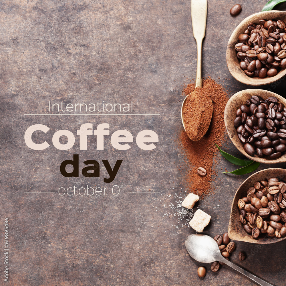 Coffee flat lay on dark background, coffee day concept