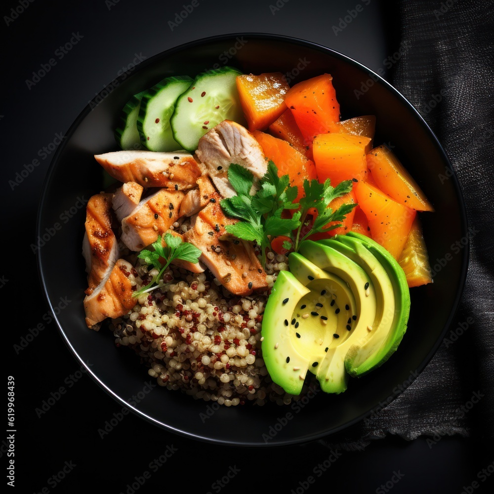 Buckwheat, pumpkin, chicken fillet, avocado, carrots in bowl. Illustration AI Generative.