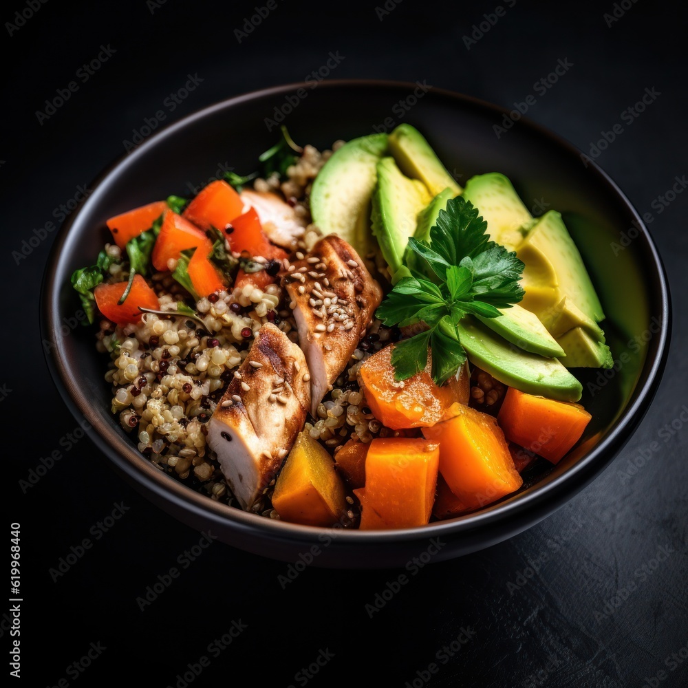 Buckwheat, pumpkin, chicken fillet, avocado, carrots in bowl. Illustration AI Generative.