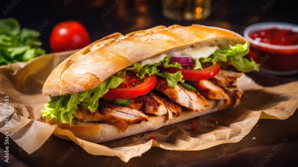 From above appetizing sandwich with grilled chicken Illustration AI Generative.