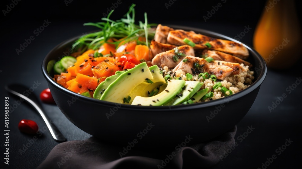 Buckwheat, pumpkin, chicken fillet, avocado, carrots in bowl. Illustration AI Generative.