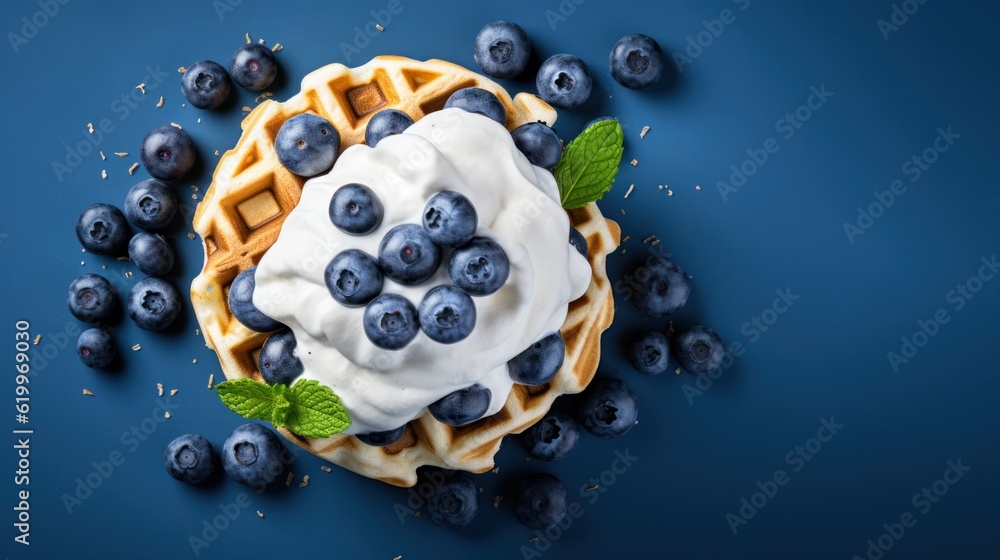 Beigian waffles with blueberries. Illustration AI Generative