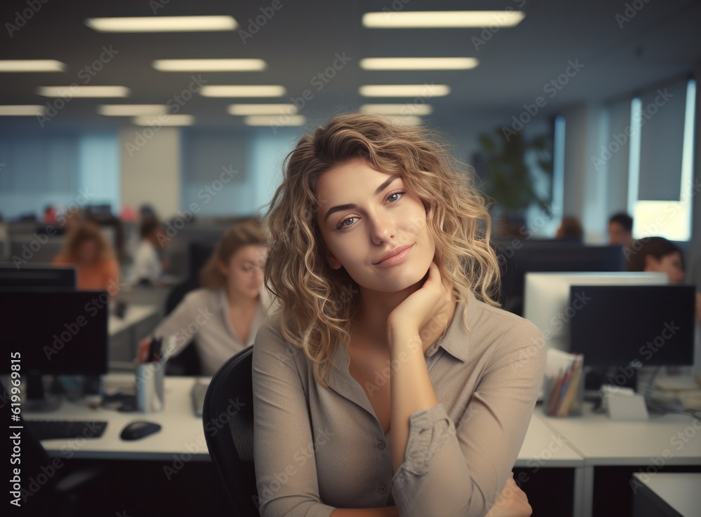 Young woman in office. Illustration AI Generative.