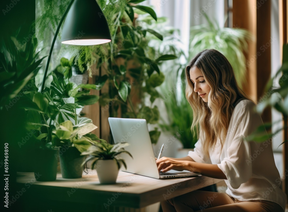 Girl in office with plants. Illustration AI Generative