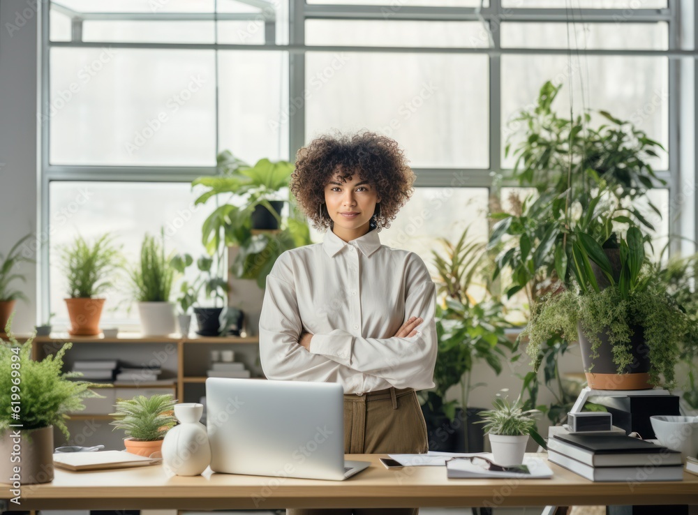 Girl in office with plants. Illustration AI Generative