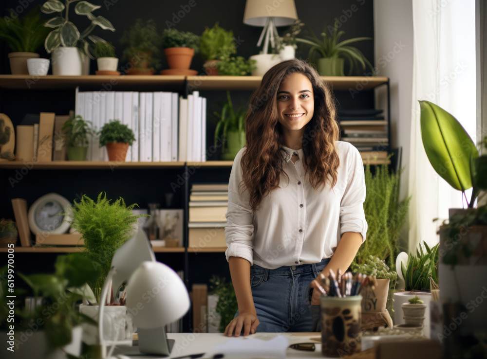 Girl in office with plants. Illustration AI Generative