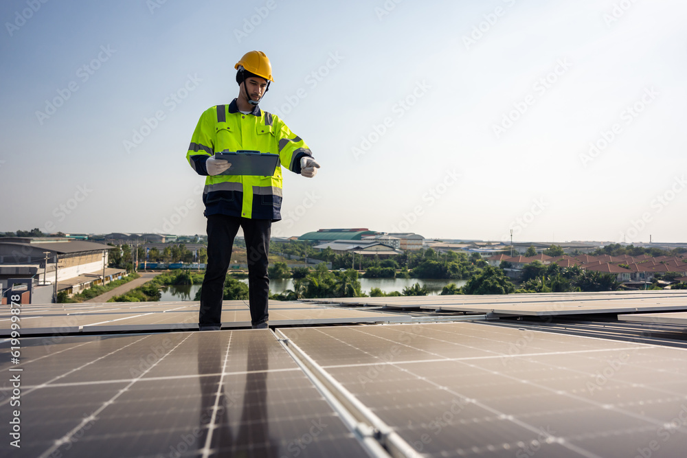 Professional engineer work to maintenance of photovoltaic panel system.