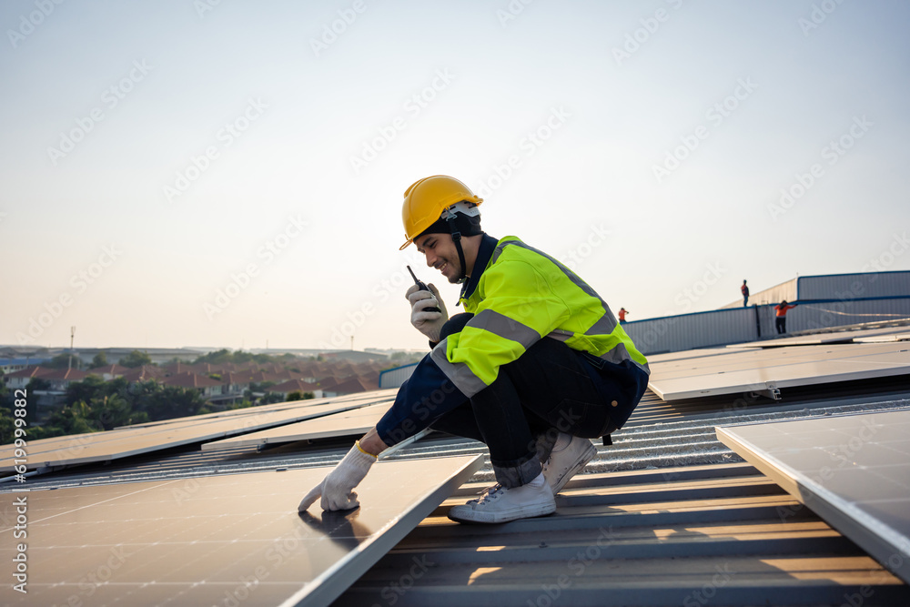 Professional engineer work to maintenance of photovoltaic panel system. 