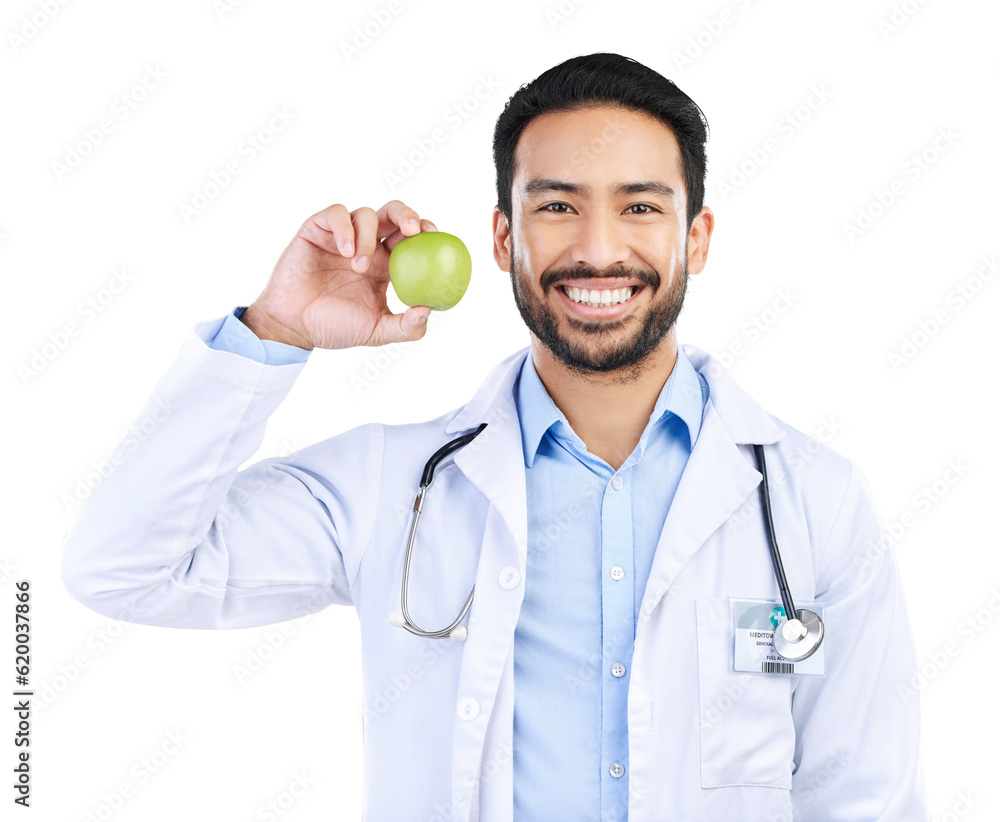 Apple, doctor and health with portrait of man on png for nutrition, medical and diet. Healthcare, me