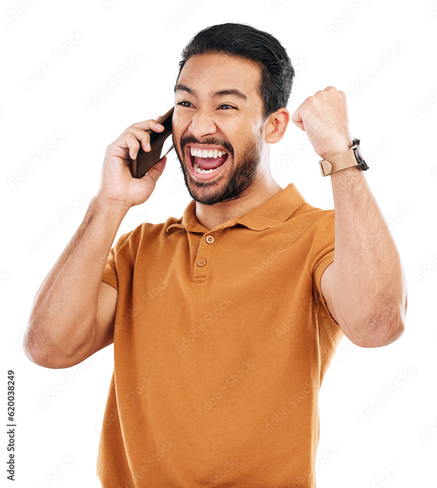 Happy man, phone call and winning news with fist pump, yes to success and prize on transparent png b