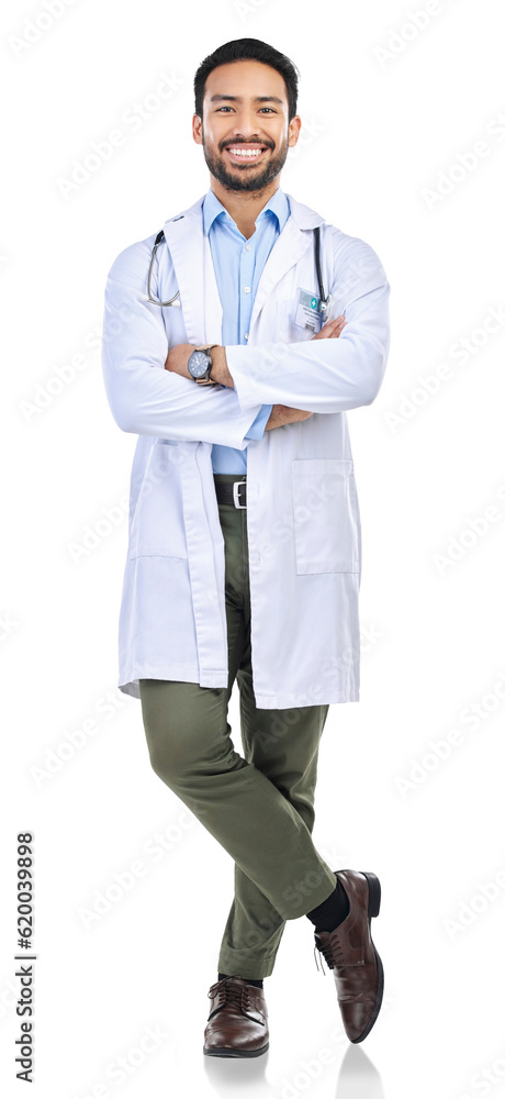 Healthcare, medical and portrait of doctor confident and happy for medicine and isolated in transpar