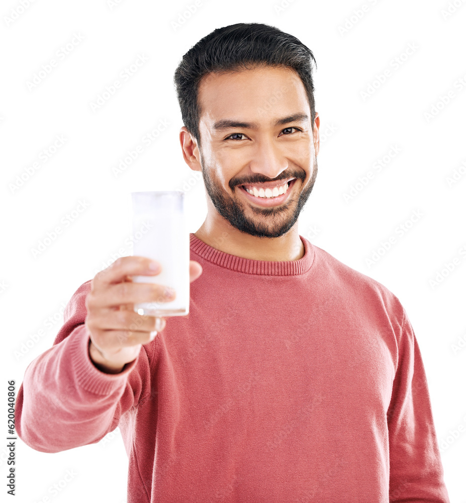 Portrait, happy or Asian man with milk for calcium or weight loss isolated transparent png backgroun