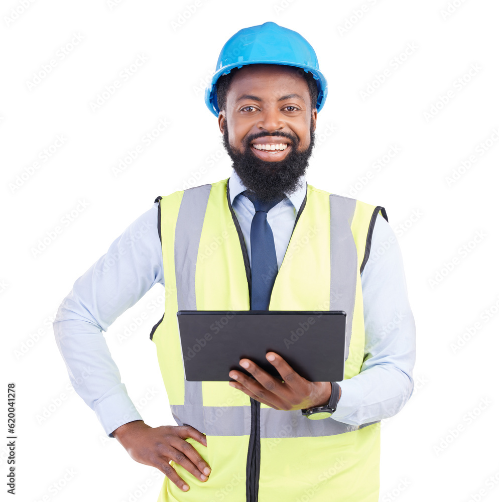 Black man, tablet and construction, engineer in portrait with digital blueprint and architecture on 