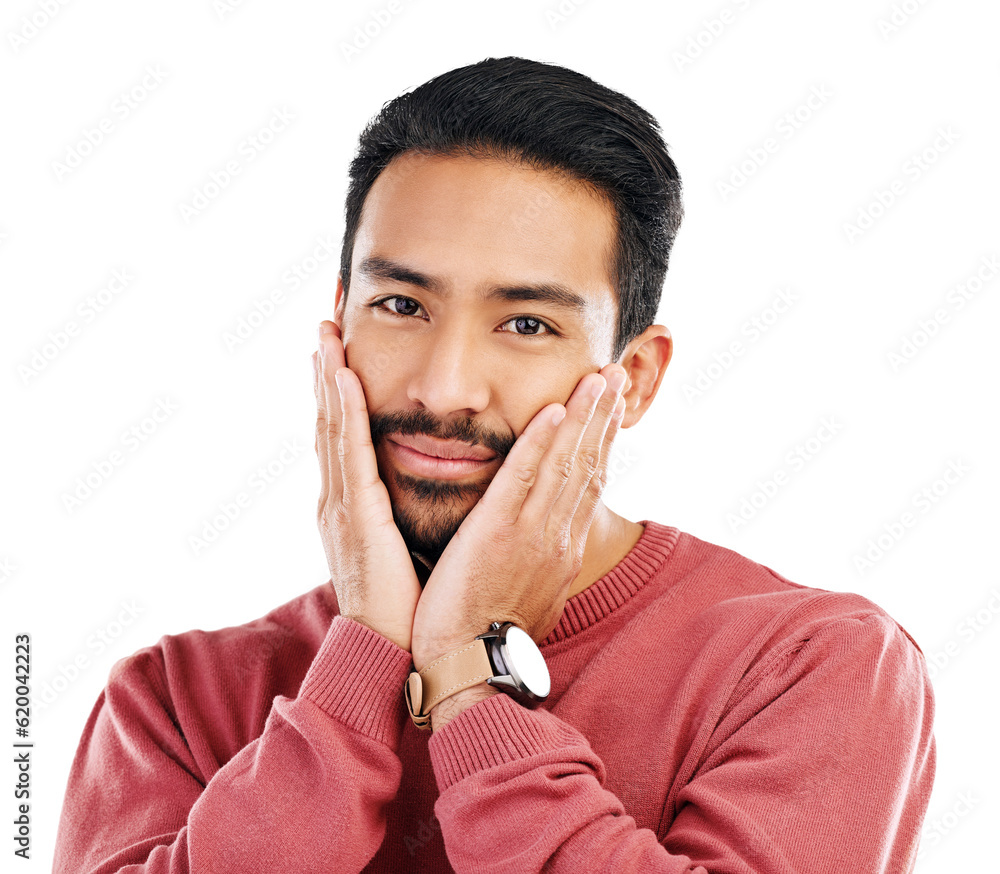 Portrait, shy and sweet young man posing while touching his cheeks with a cute expression. Face, smi