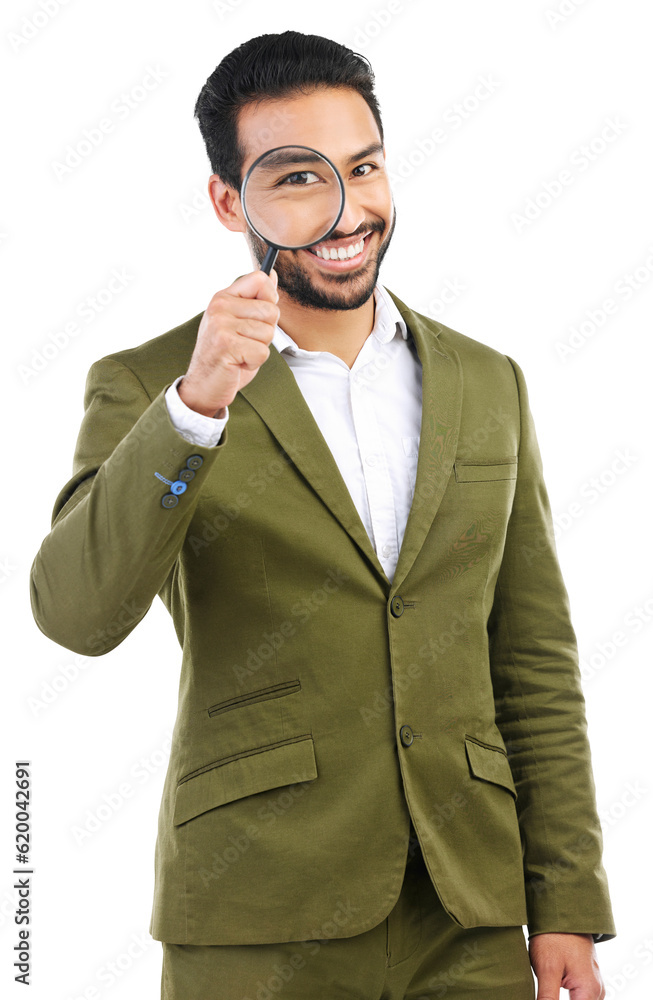 Portrait, business man and smile magnifying glass for investigation, search and isolated on transpar