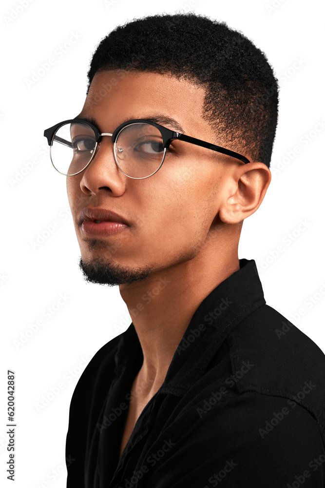 Face, fashion and serious man with glasses isolated on a transparent png background. Portrait, style