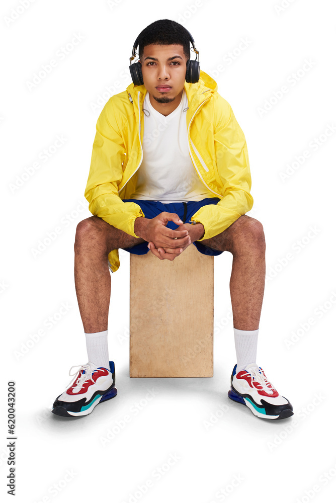 Portrait, music headphones and serious man on chair isolated on a transparent png background. Africa