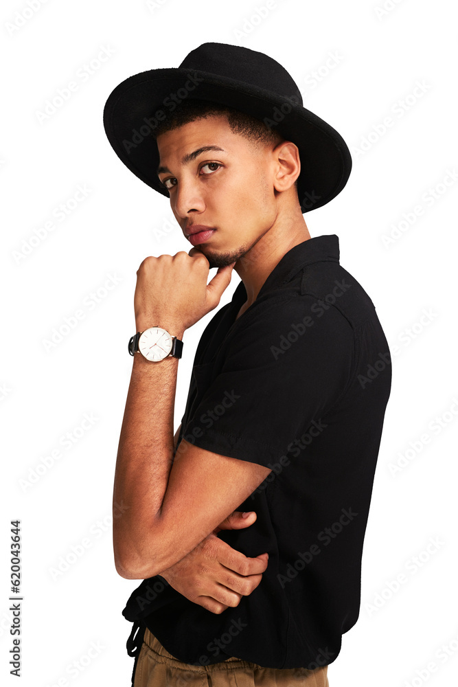 Portrait, fashion and serious man with hat isolated on a transparent png background. Face, confidenc