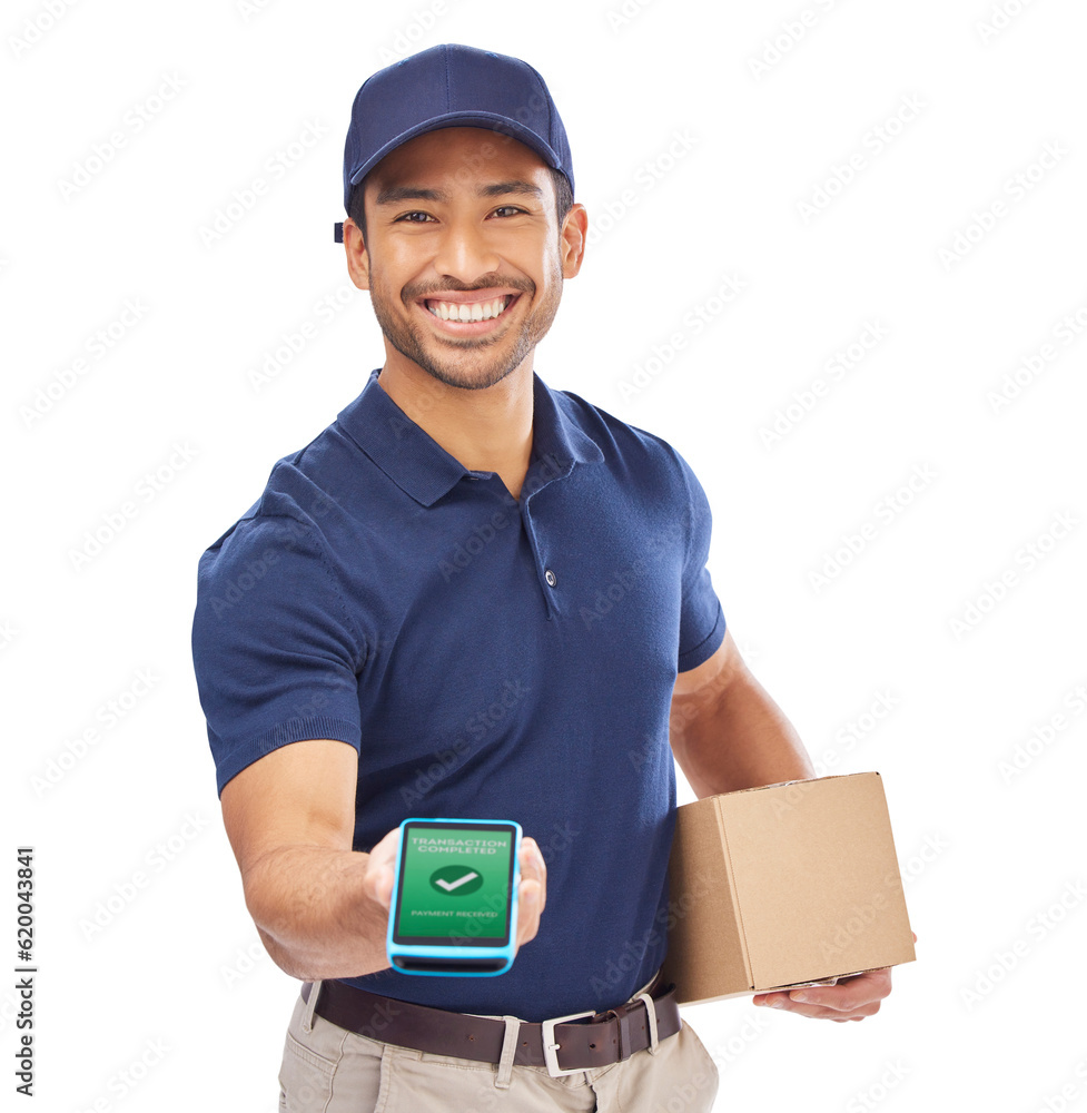 Delivery man, box and smartphone, payment check and ecommerce and sign on png transparent background