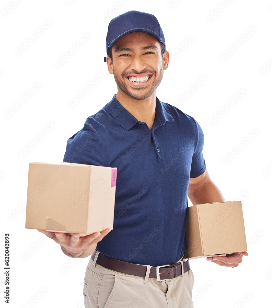 Delivery man, shipping box and smile in portrait, courier service and e commerce isolated on png tra