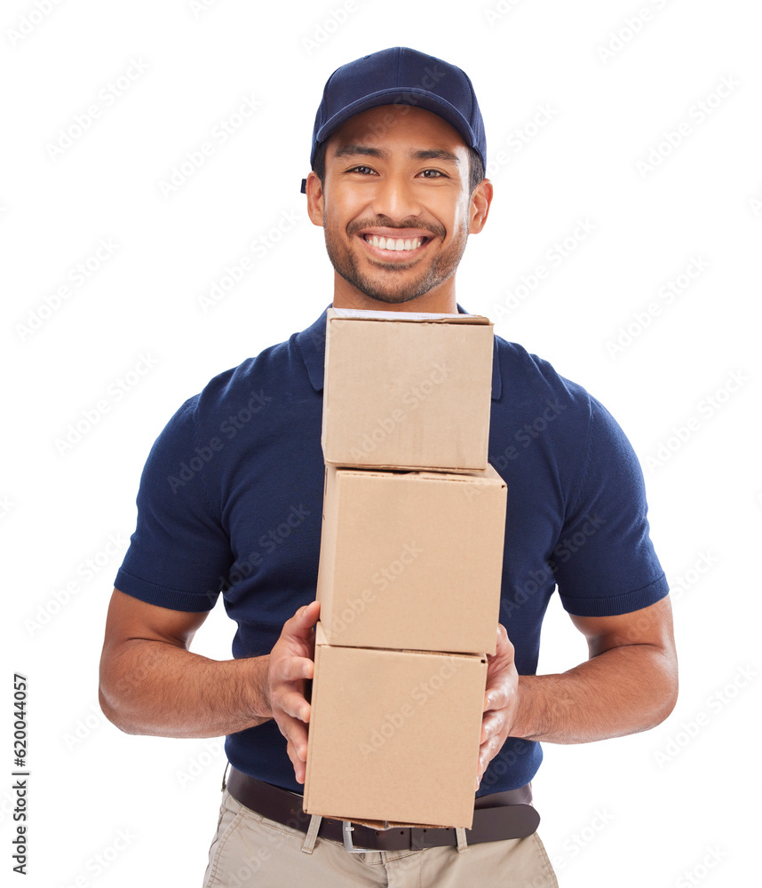 Delivery man, portrait and shipping export with boxes, happy and employee isolated against a transpa