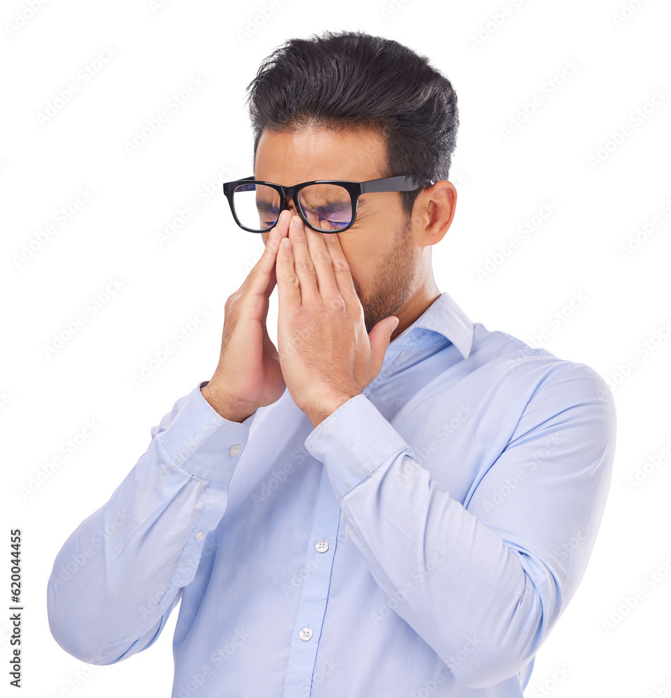 Stress, fatigue and man with glasses and tired on isolated, PNG and transparent background. Vision, 