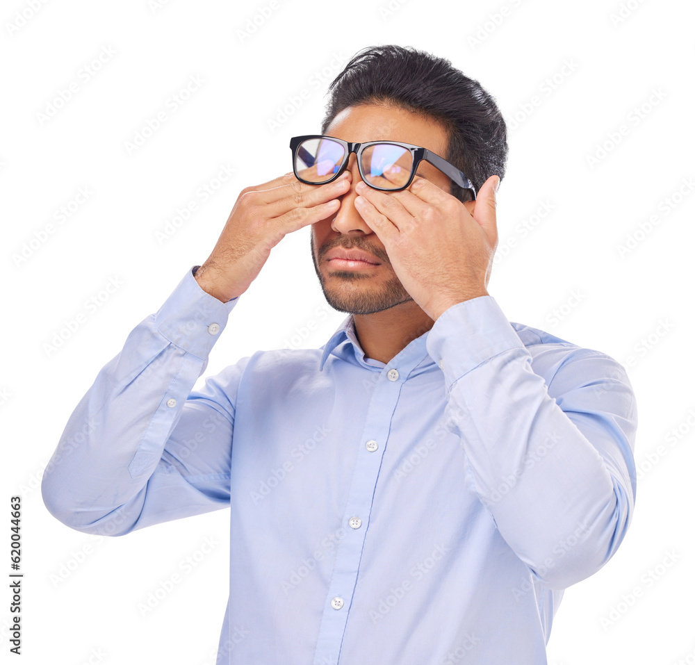 Stress, fatigue and man with glasses and headache on isolated, PNG and transparent background. Visio