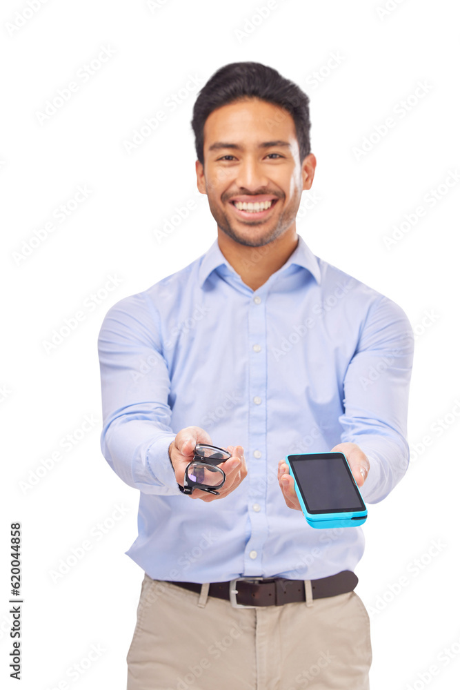 Payment, glasses and retail with portrait of man on png for shopping, optometry or healthcare. Ophth