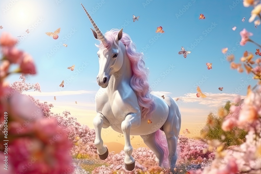 A unicorn, White Unicorn running in dreams flowers. Generative Ai