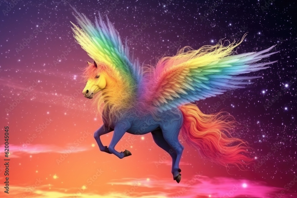 Rainbow background with winged cute unicorn with stars. Generative Ai